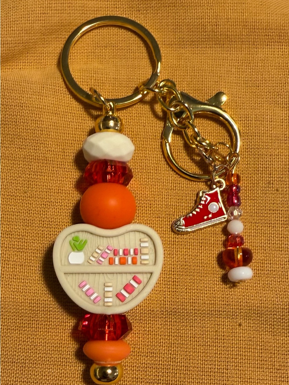 Kids Orange Beaded Heart Keychain Charm - Unbranded